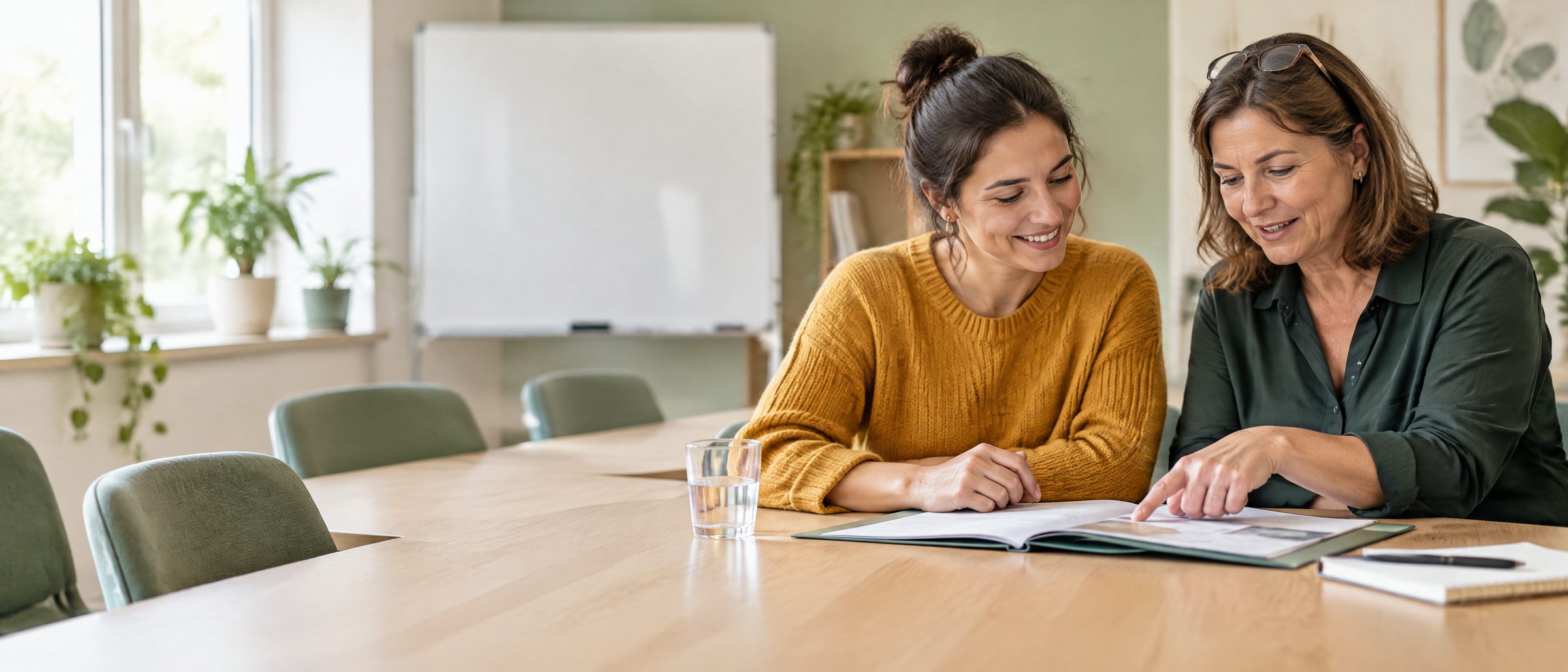 Eine Interessentin und eine Kursberaterin sitzen sich im Erstgespr&auml;ch an einem Tisch gegen&uuml;ber und schauen gemeinsam in eine Kursmappe.
